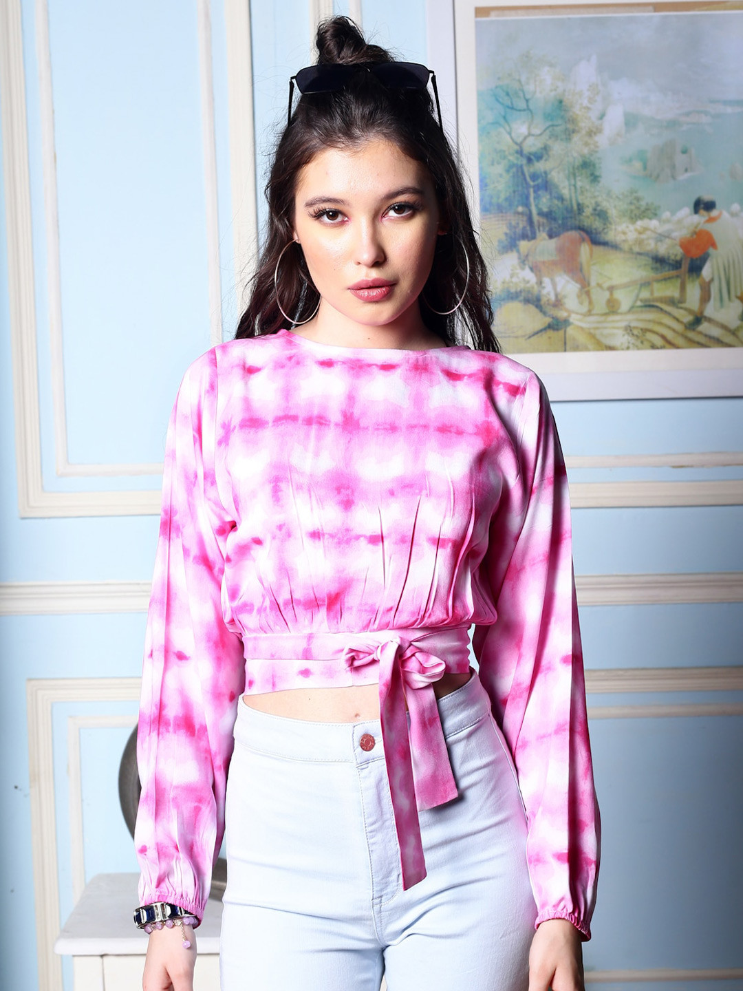 Sera Pink Tie and Dye Crepe Cinched Waist Crop Top