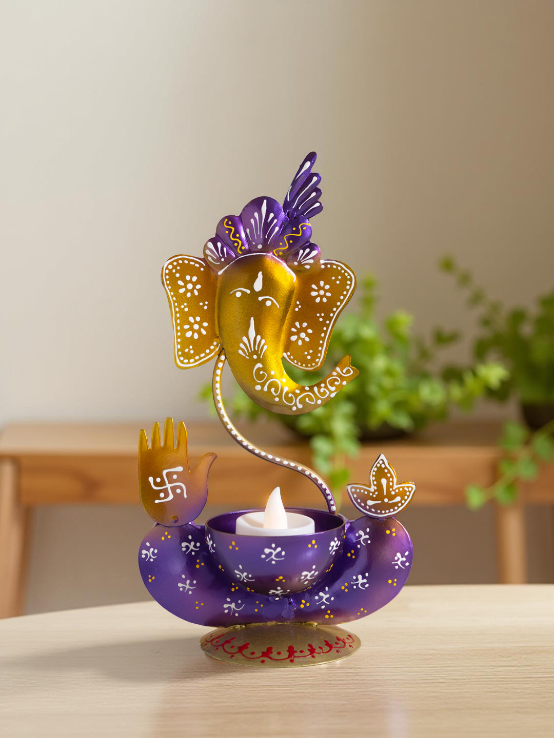 Golden Peacock Purple & Metallic-toned Ganesha Metal Showpiece