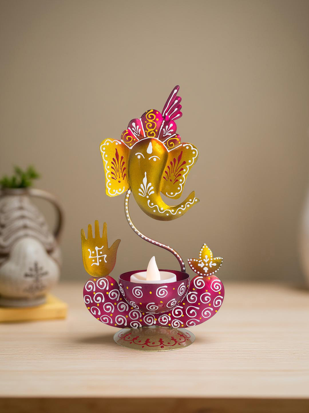 Golden Peacock Magenta Pink & White Ganesha Showpiece