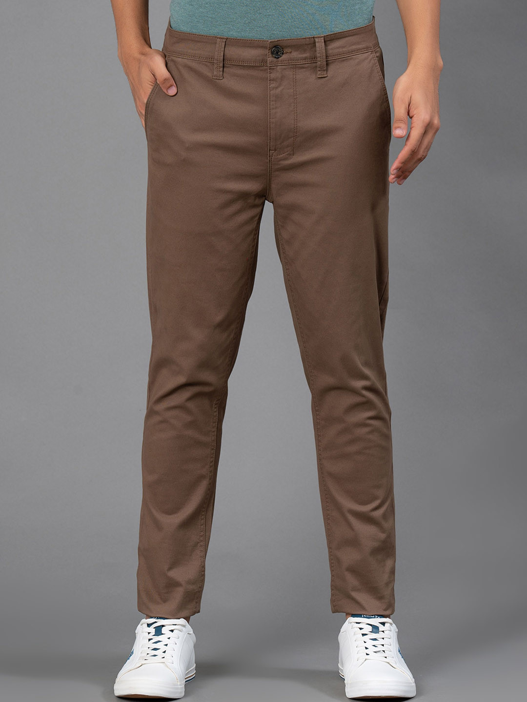 Red Tape Men Fossil Solid Mid-Rise Skinny Fit Trousers