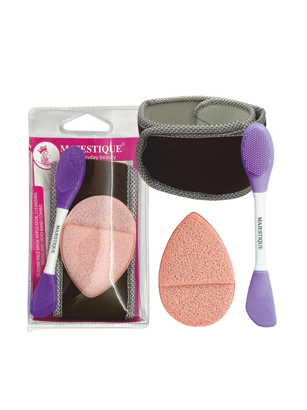 MAJESTIQUE Set Of  Facial Head Band Dual Sided Silicone Brush With Makeup Remover Sponge