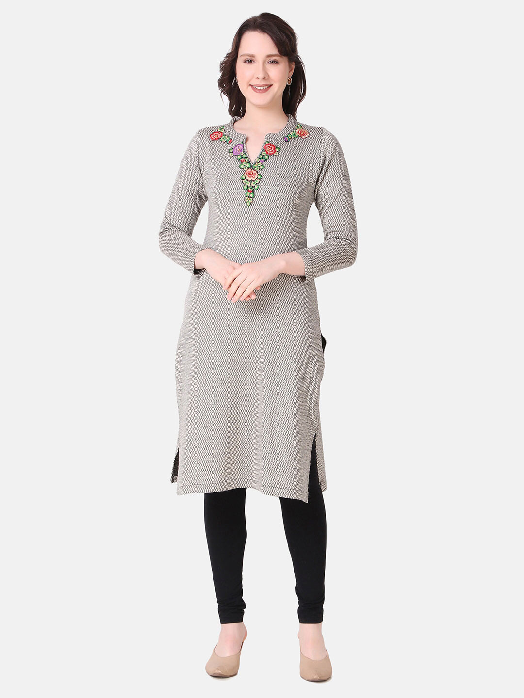 Elthia Floral Embroidered Mandarin Collar Thread Work Woolen Kurta