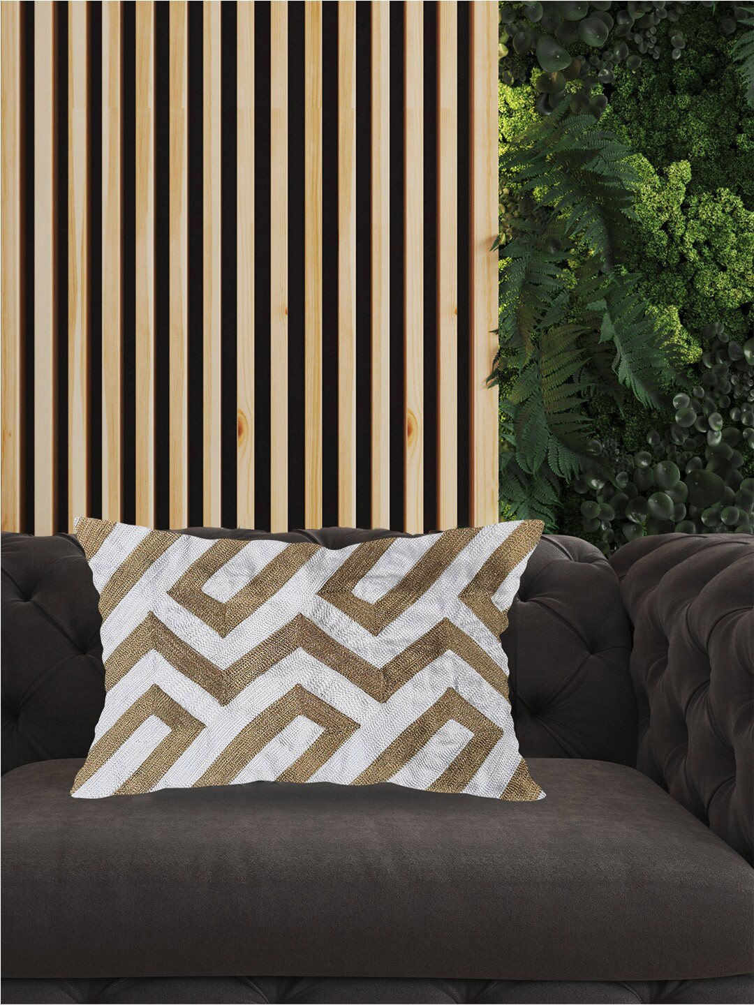 SHADES of LIFE Gold-Toned & White 2 Pieces Embroidered Cotton Rectangle Cushion Covers