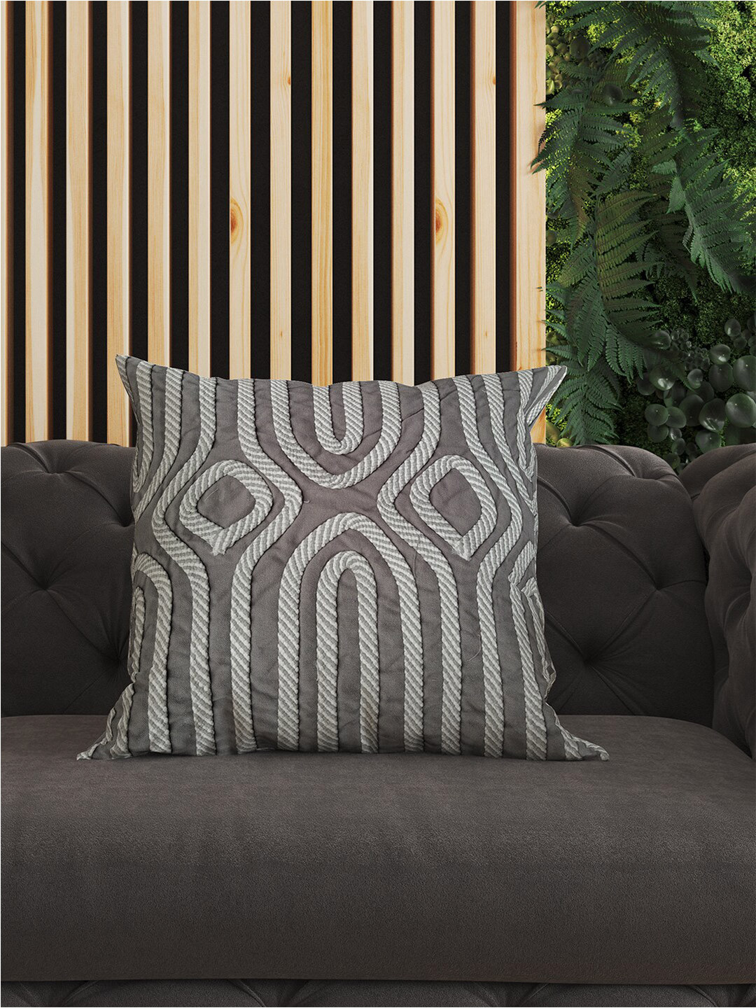 SHADES of LIFE Ligh-Weight Beige Cotton 2 Piece Embroidered Square Cushion Covers -16x16In