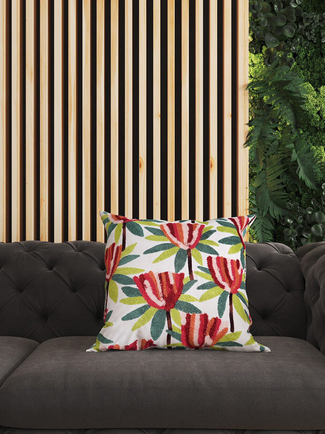 SHADES of LIFE White & Green 2 Pieces Embroidered Cotton Square Cushion Covers