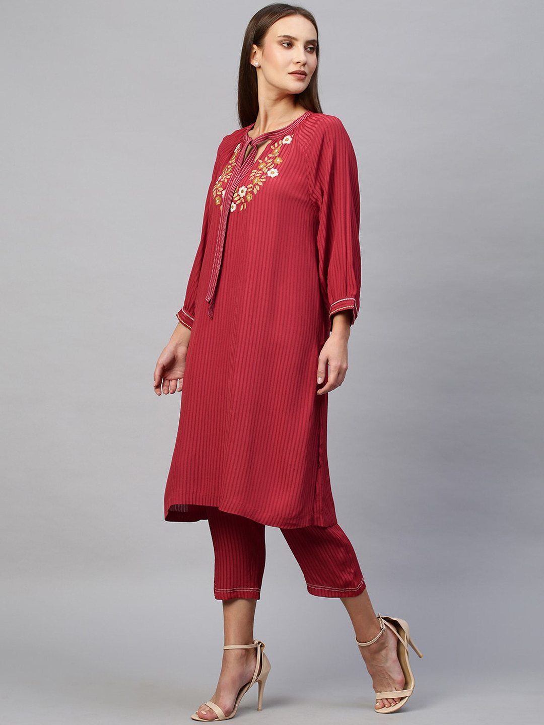 Modern Indian by CHEMISTRY Striped Woven Design Thread Work Straight Kurta with Trousers