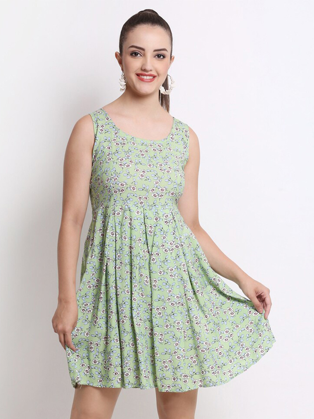 HERE&NOW Floral Printed Round Neck Sleeveless Fit & Flare Dress