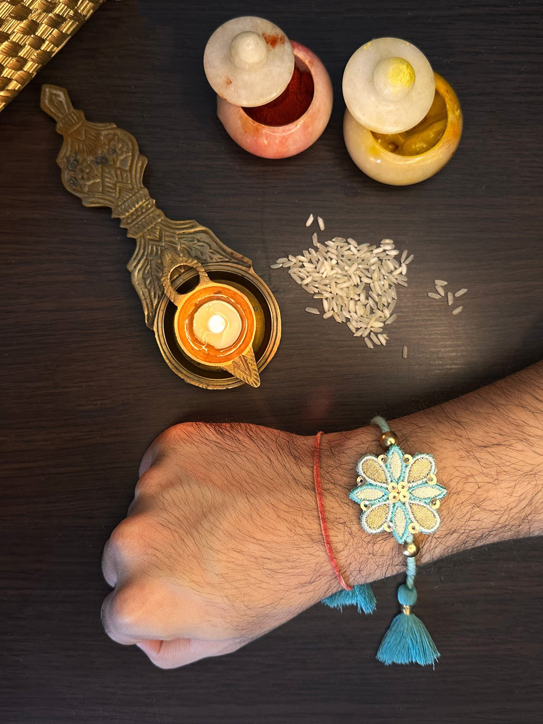 MASQ Men Set Of 2 Gotta Patti & Om Rakhi With Roli Chawal & Moli