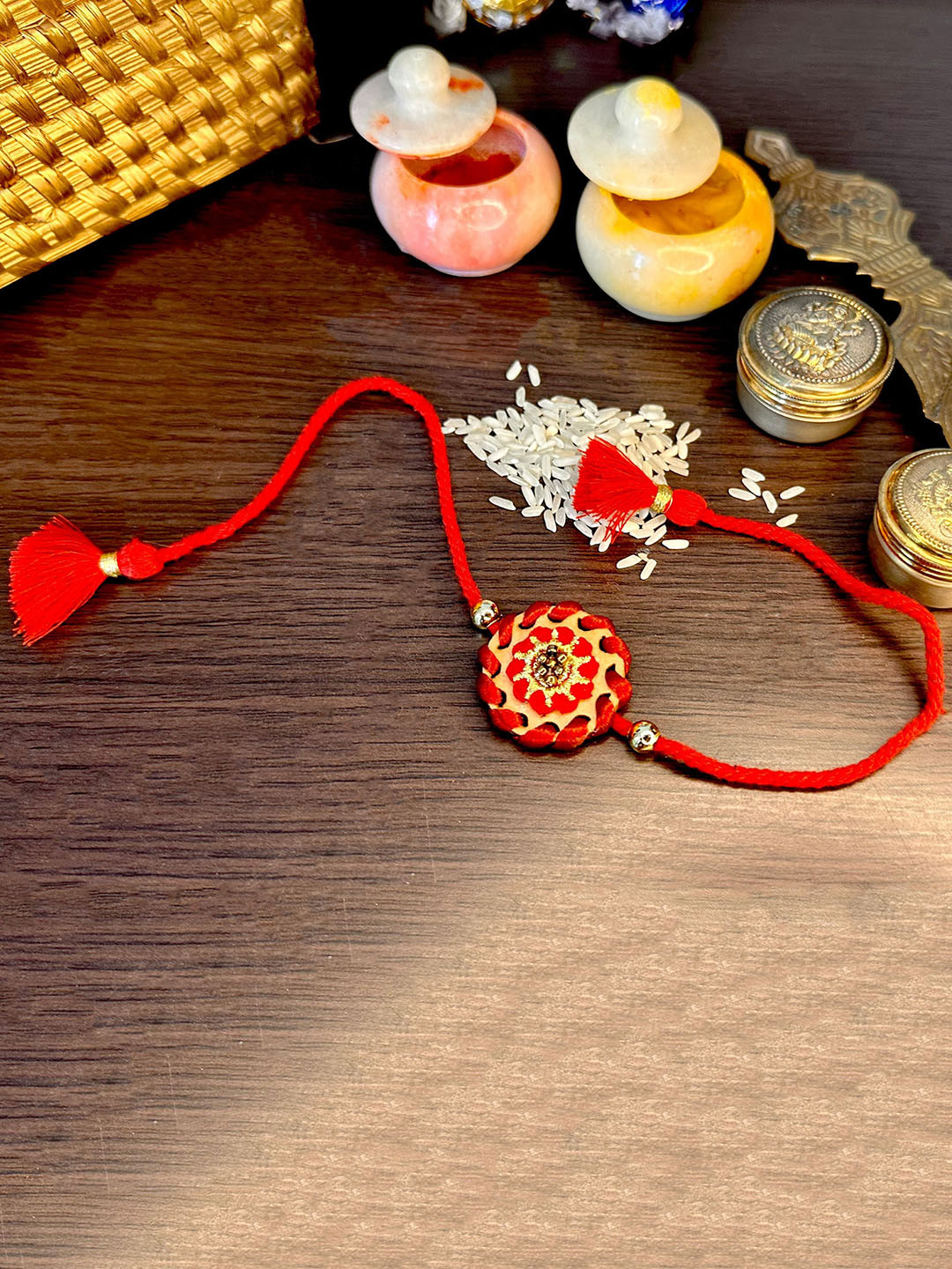 MASQ Men Set Of 2 Chakra-Shaped Rakhi With Roli Chawal & Moli