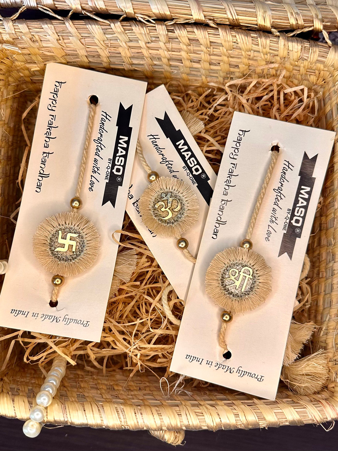 MASQ Men Set Of 3 Shree Swastik & Om Rakhi With Roli Chawal & Moli