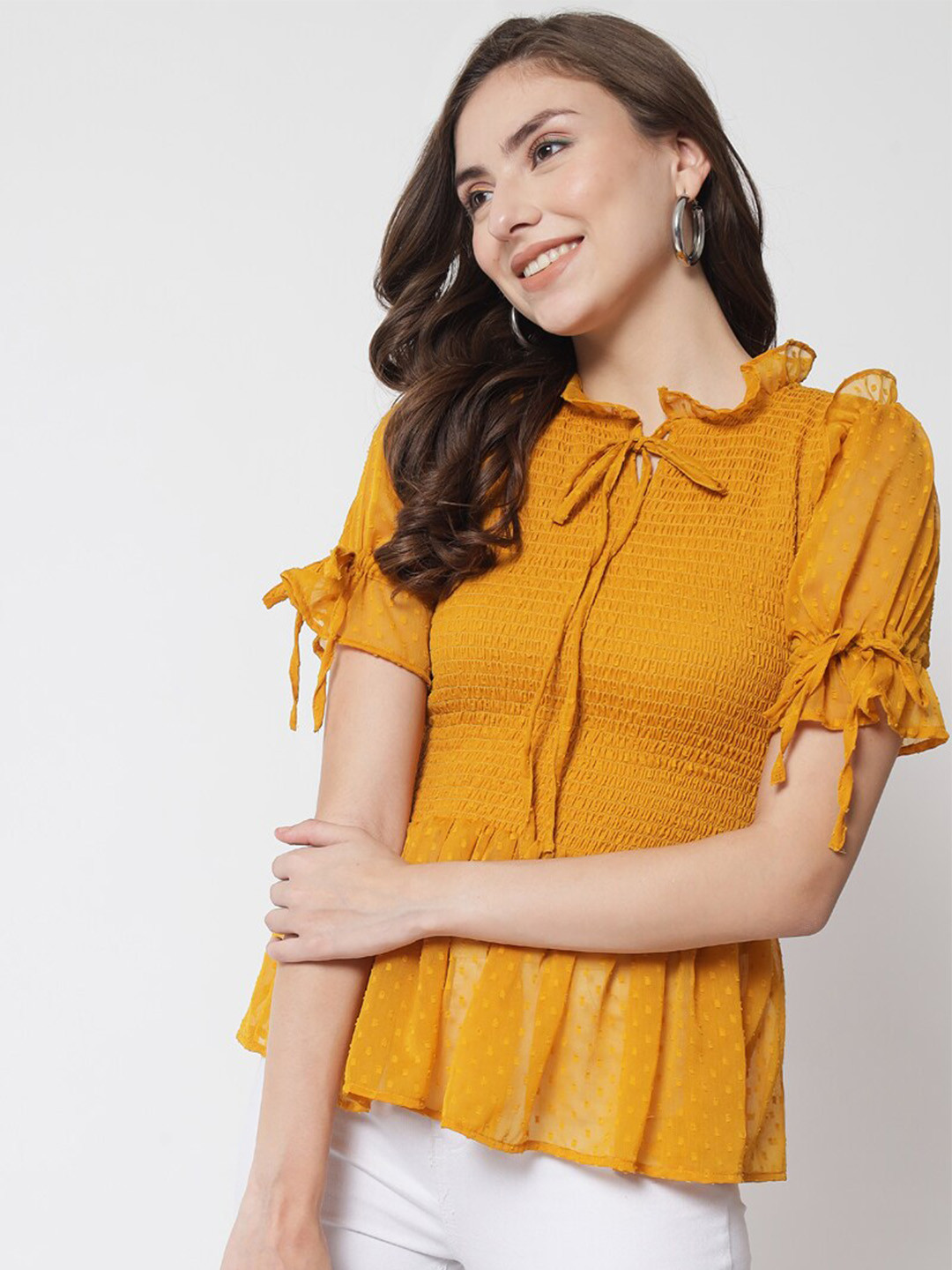 Trend Arrest Self Design Tie-Up Neck Puffed Sleeves Smocking Top