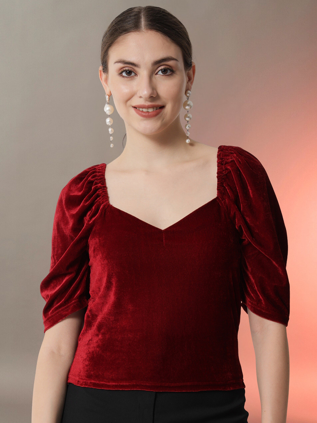 Trend Arrest Square Neck Puffed Sleeves Velvet Top