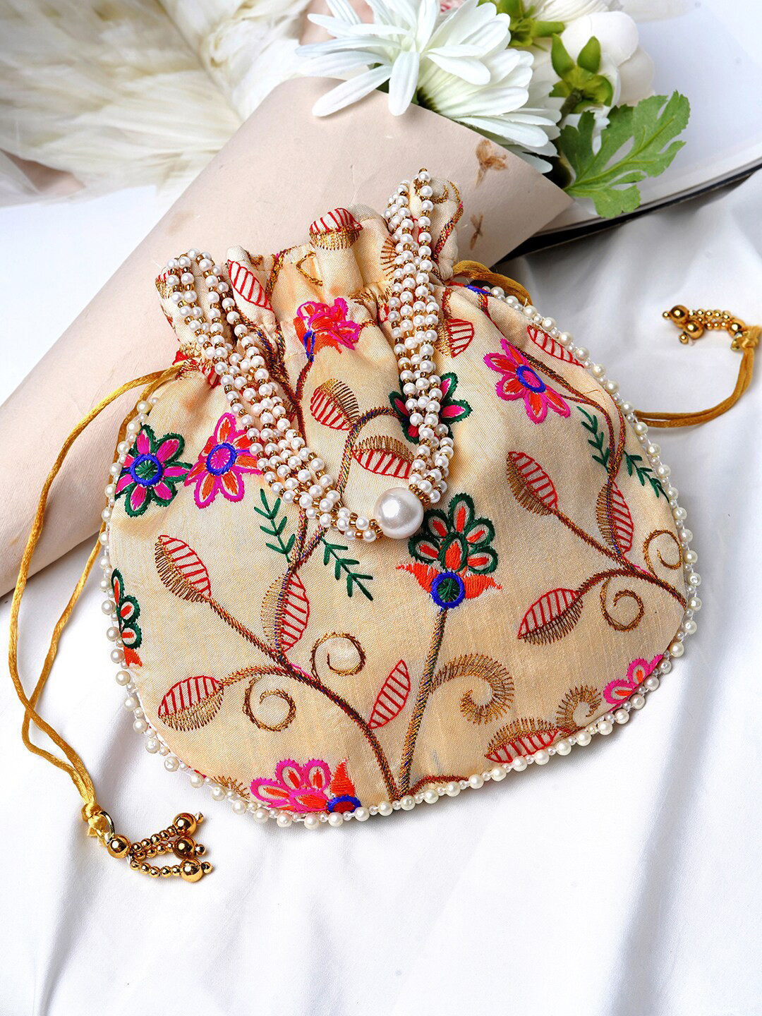 TEEJH Embroidered Potli Clutch With Wrist Loop