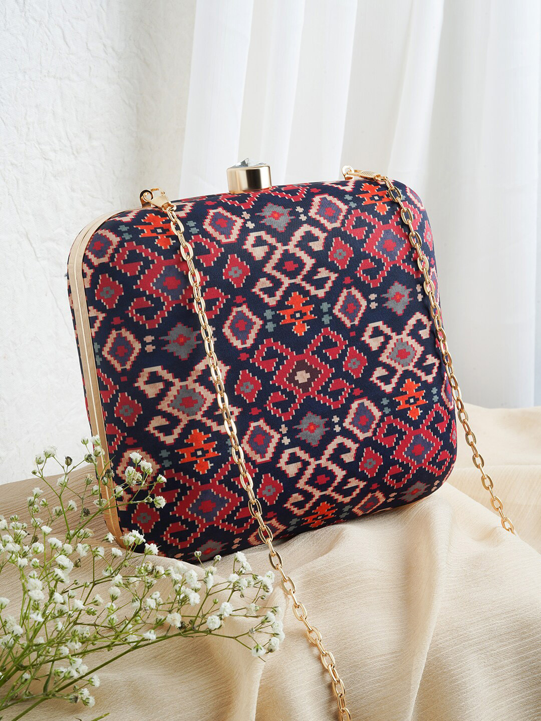 TEEJH Printed Box Clutch With Shoulder Strap