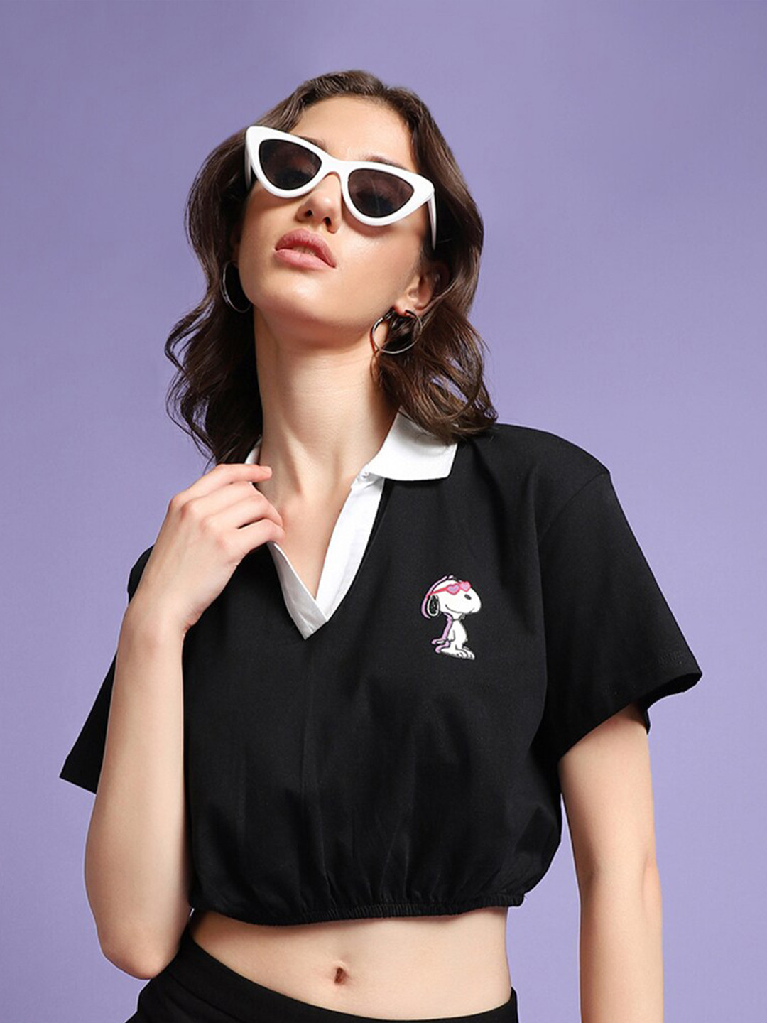 Bewakoof Black Shirt Collar Pure Cotton Blouson Crop Top