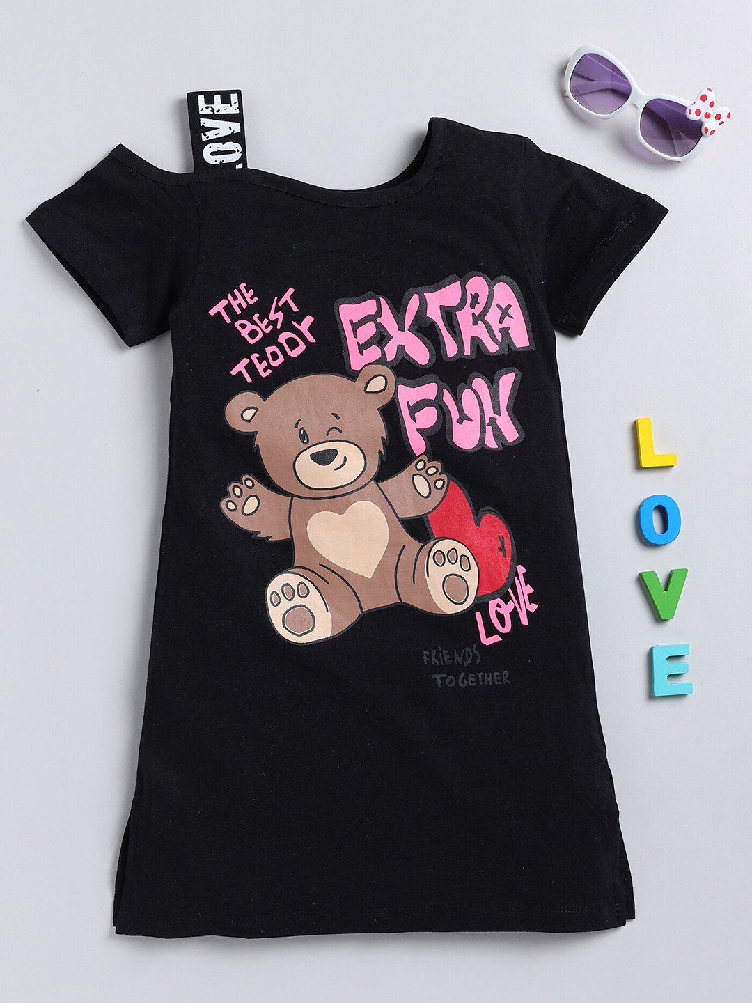 YK Black Girls Graphic Printed Round Neck Cotton T-Shirt Dress