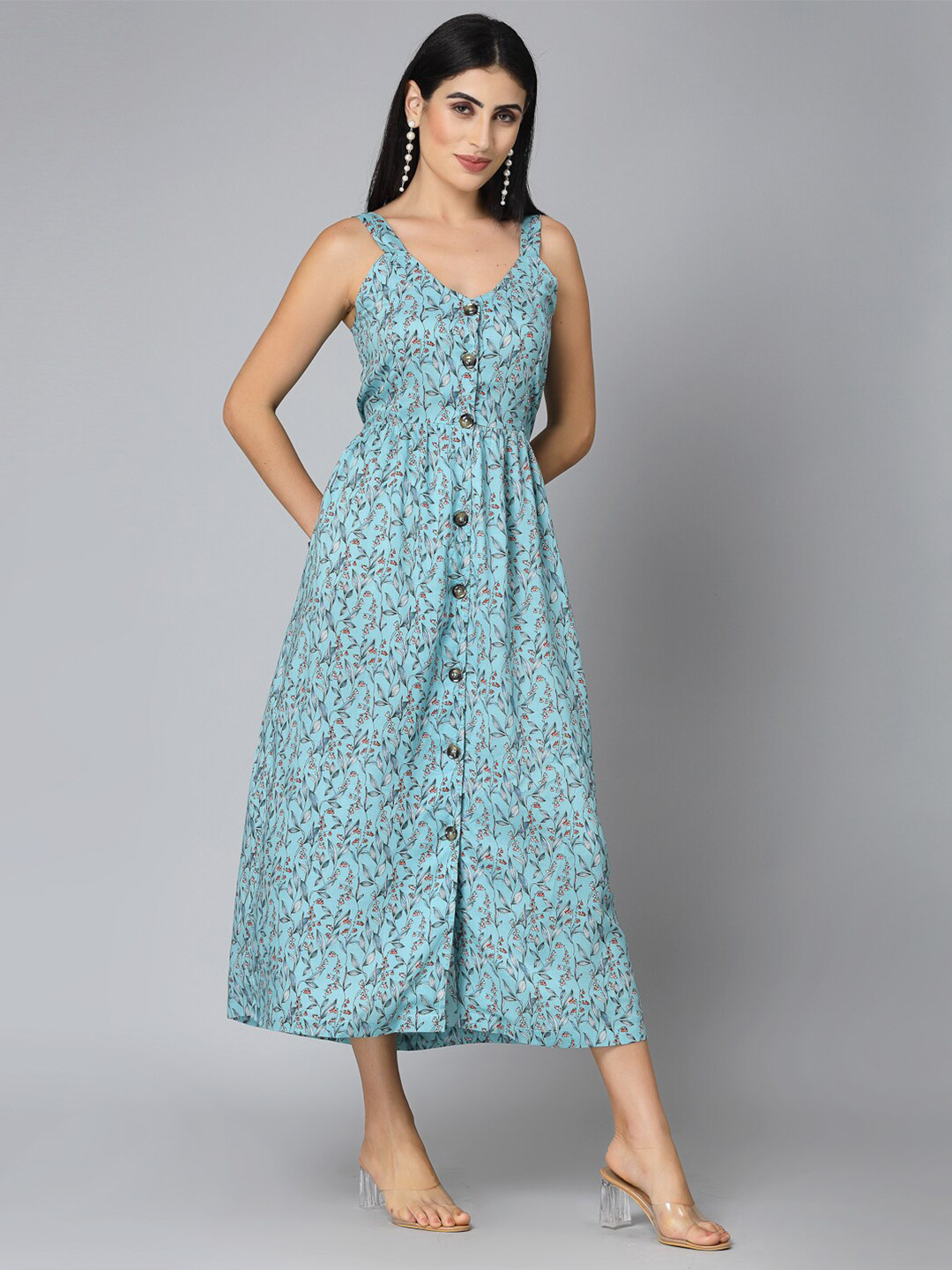 Style Quotient Green Floral Printed Shoulder Straps Fit & Flare Midi Dress