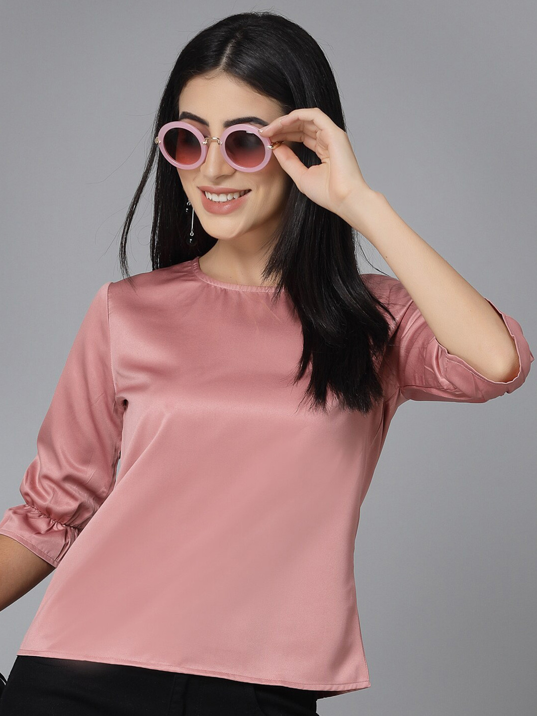 Style Quotient Rose-Coloured Round Neck Cuffed Sleeve Gathered Satin Regular Top