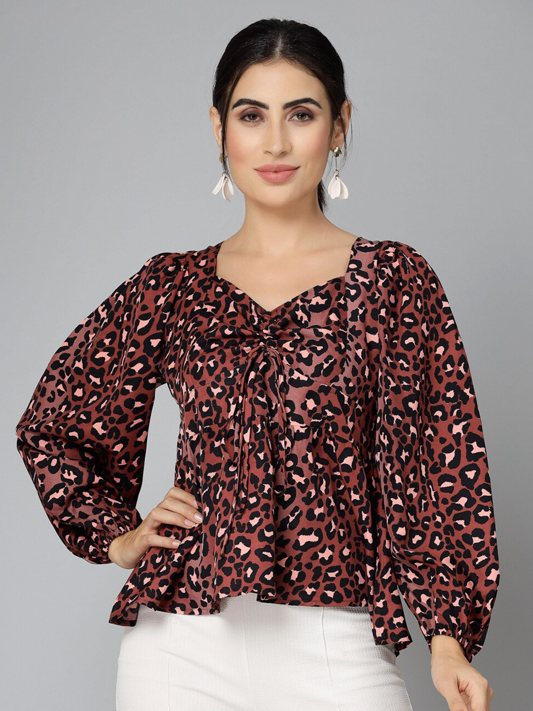 Style Quotient Rust Animal Printed Puff Sleeves Tie-Ups Detail Top