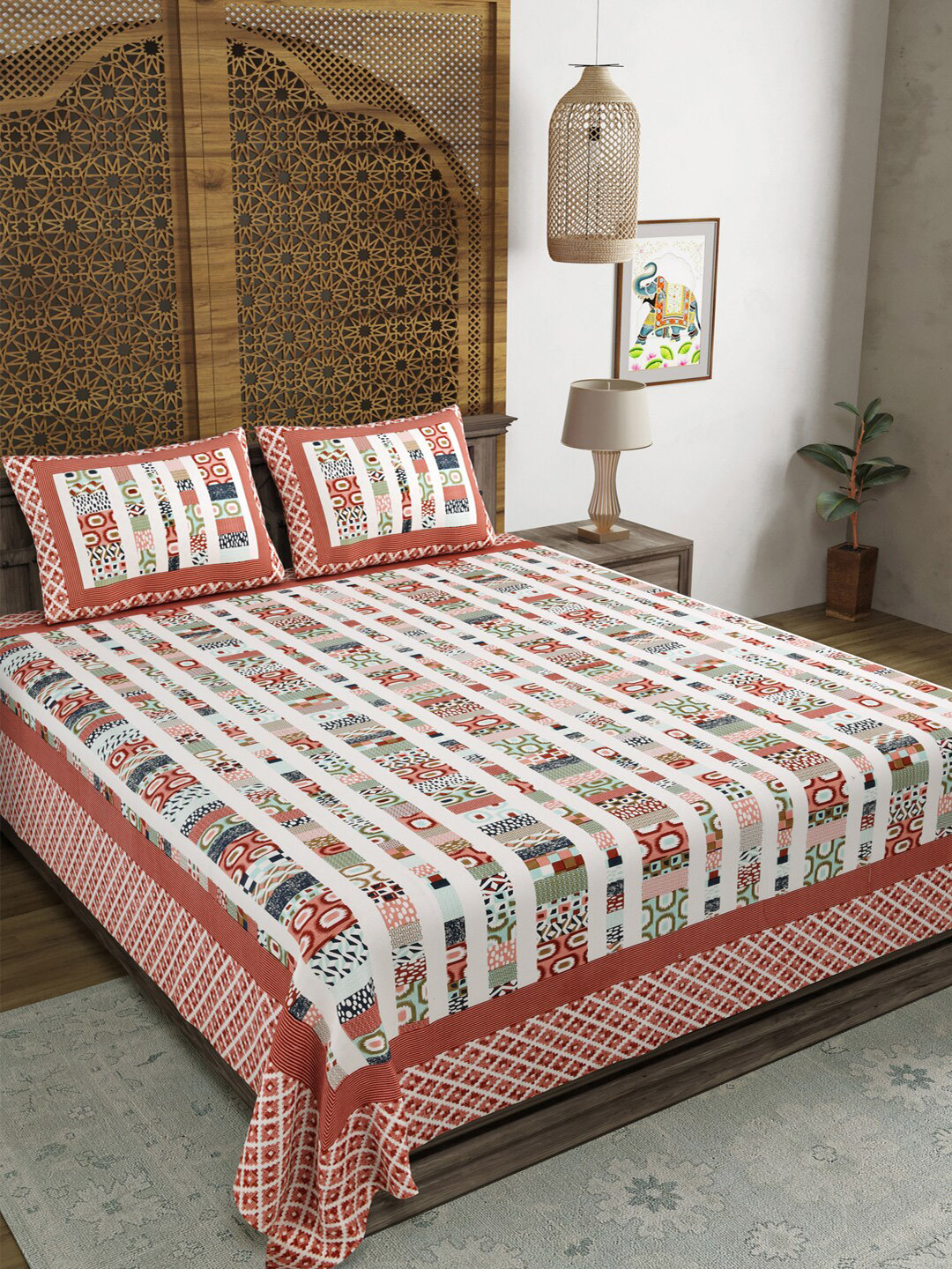 Sangria Design 29 Red Ethnic Motifs Cotton 210 TC King Superfine Bedsheet with 2 Pillow Covers-274 x 228 cm