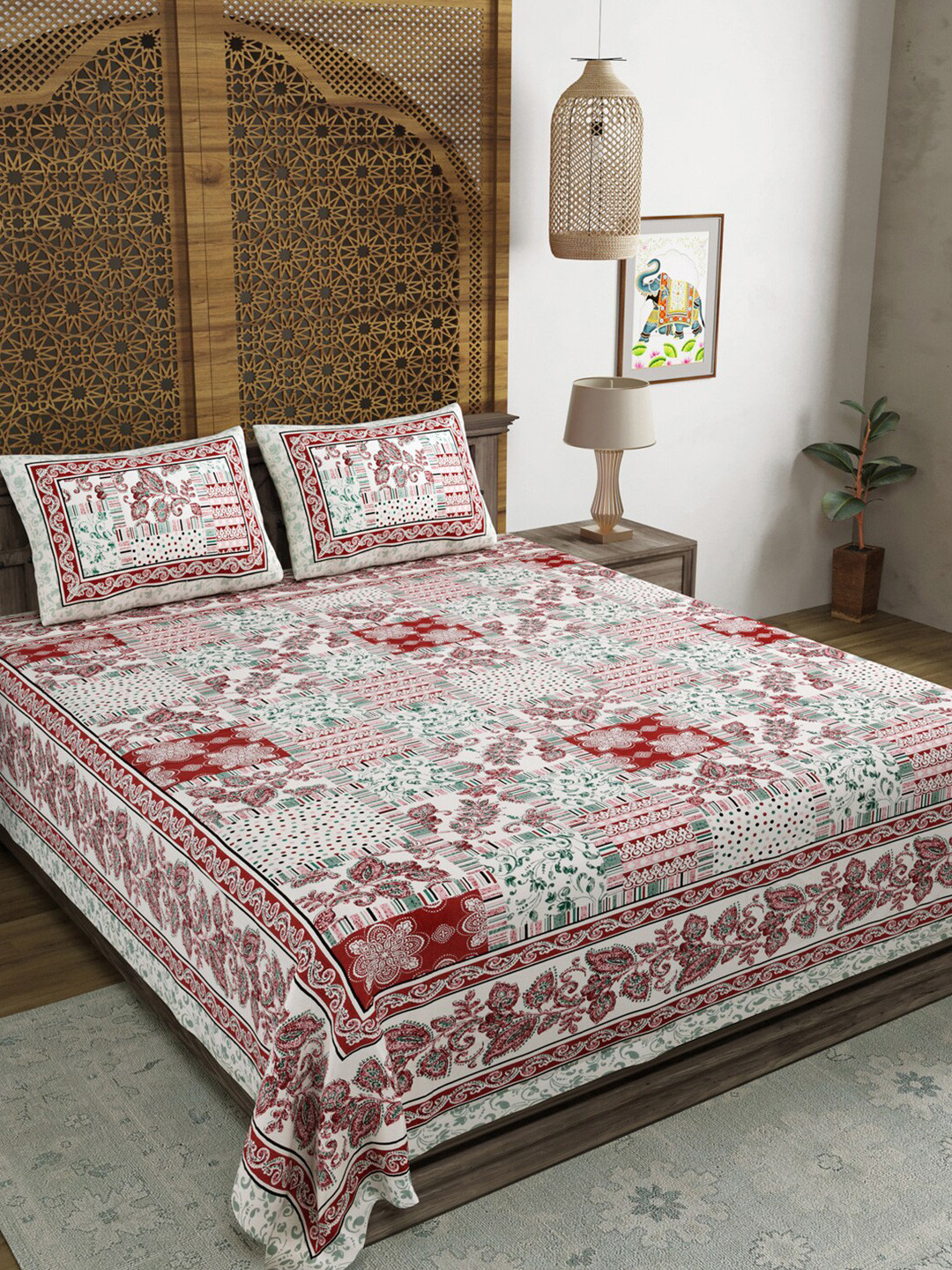 Sangria Velar Red Ethnic Motifs Cotton 210 TC King Fine Bedsheet with 2 Pillow Covers-108 x 90 inches