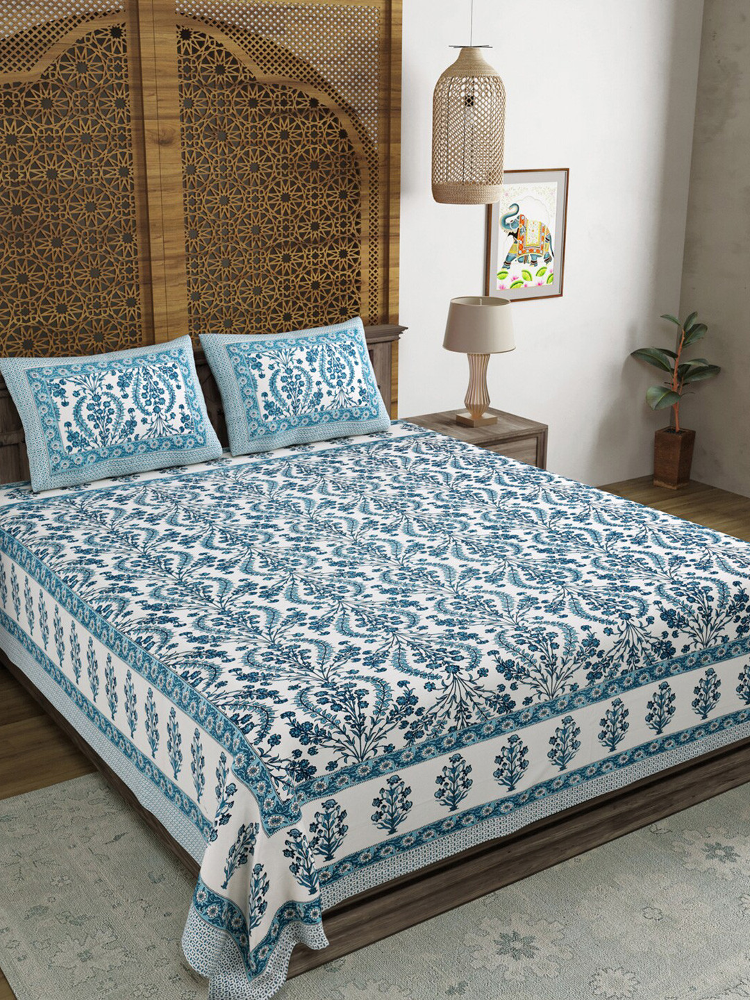 Sangria Contract Value Plus Blue Ethnic Motifs Cotton 210 TC King Fine Bedsheet with 2 Pillow Covers-108 x 90 inches