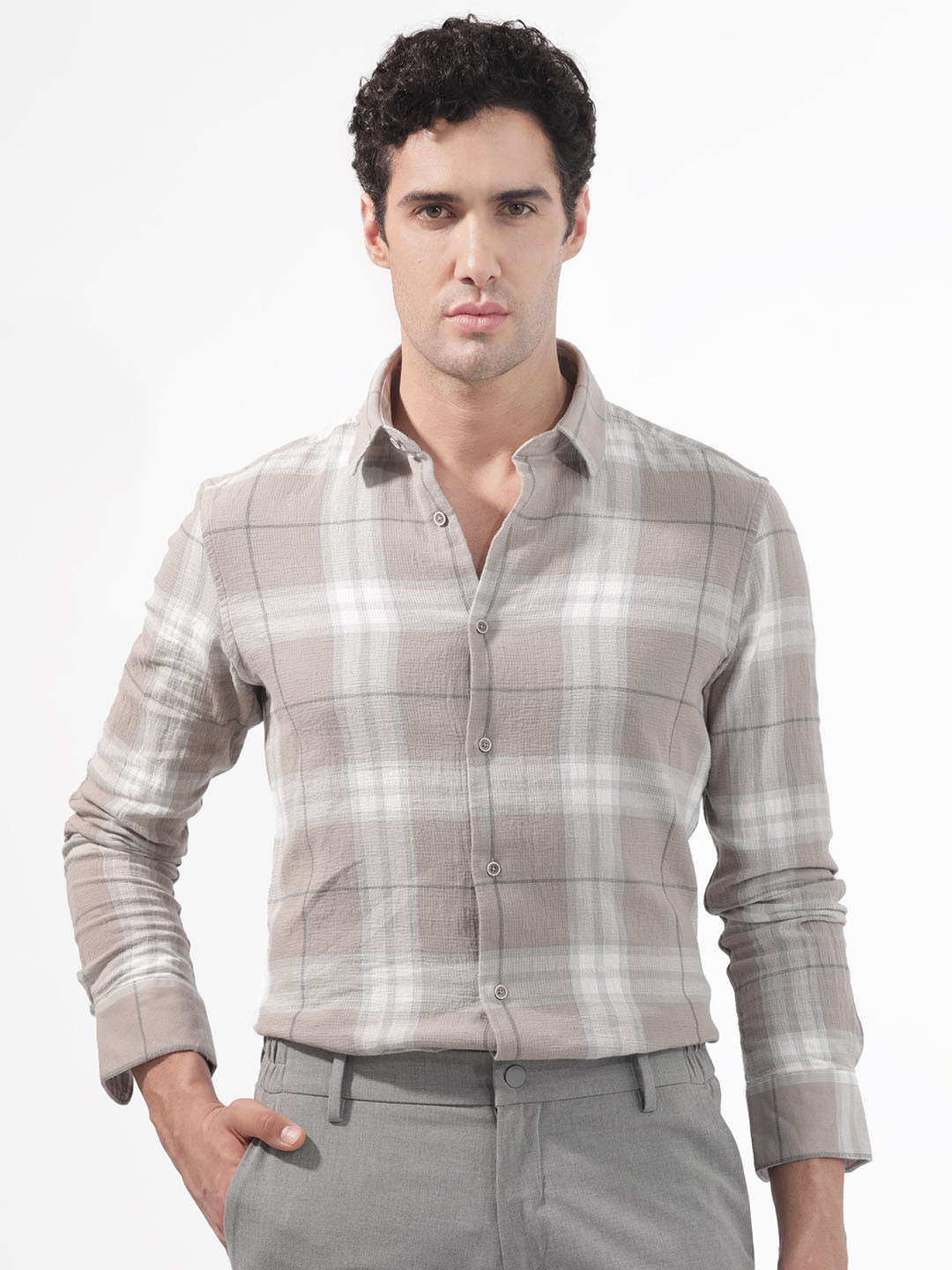 RARE RABBIT Men Melfi Brown Slim Fit Tartan Check Shirt