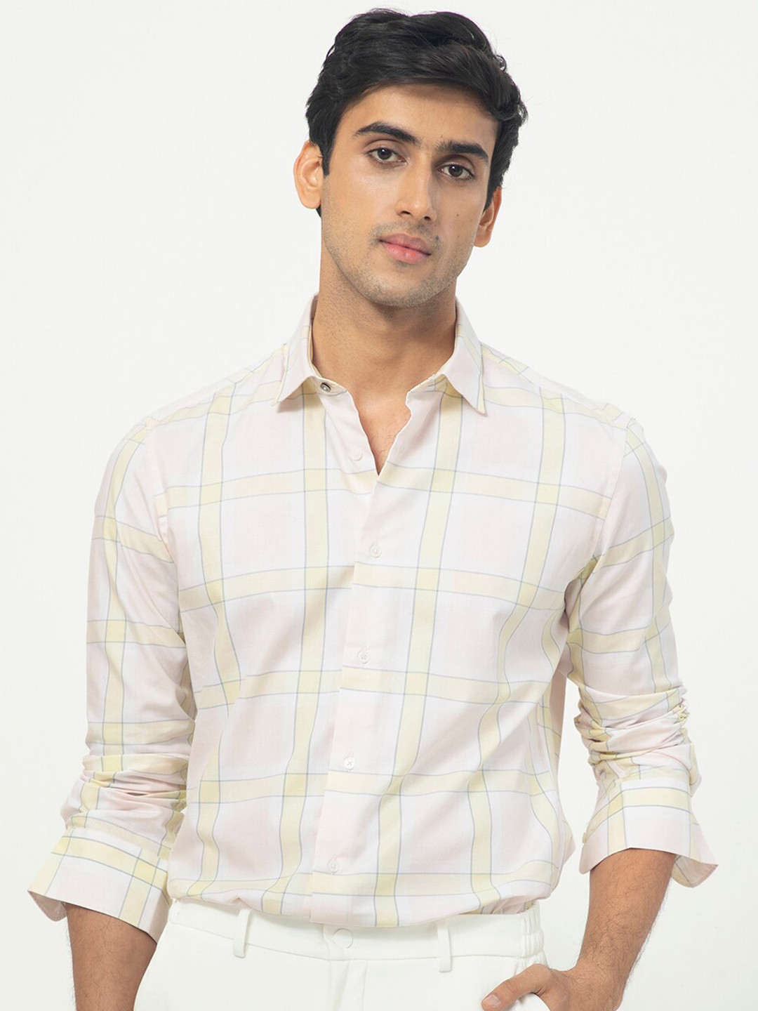 RARE RABBIT Men Tarkin Pink Slim Fit Windowpane Check Cotton Shirt