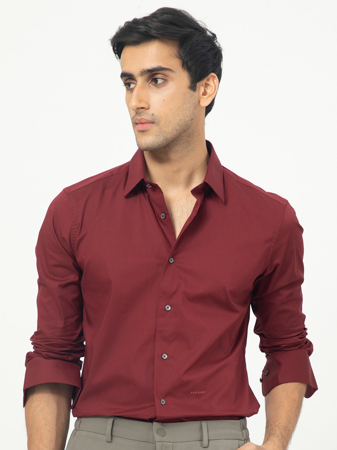 RARE RABBIT Men Neutons Maroon Slim Fit Spread Collar Cotton Shirt