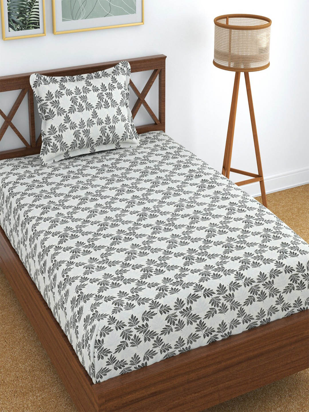 Homefab India Blossom Grey & White Floral Cotton 210 TC Single Bedsheet & 1 Pillow Cover