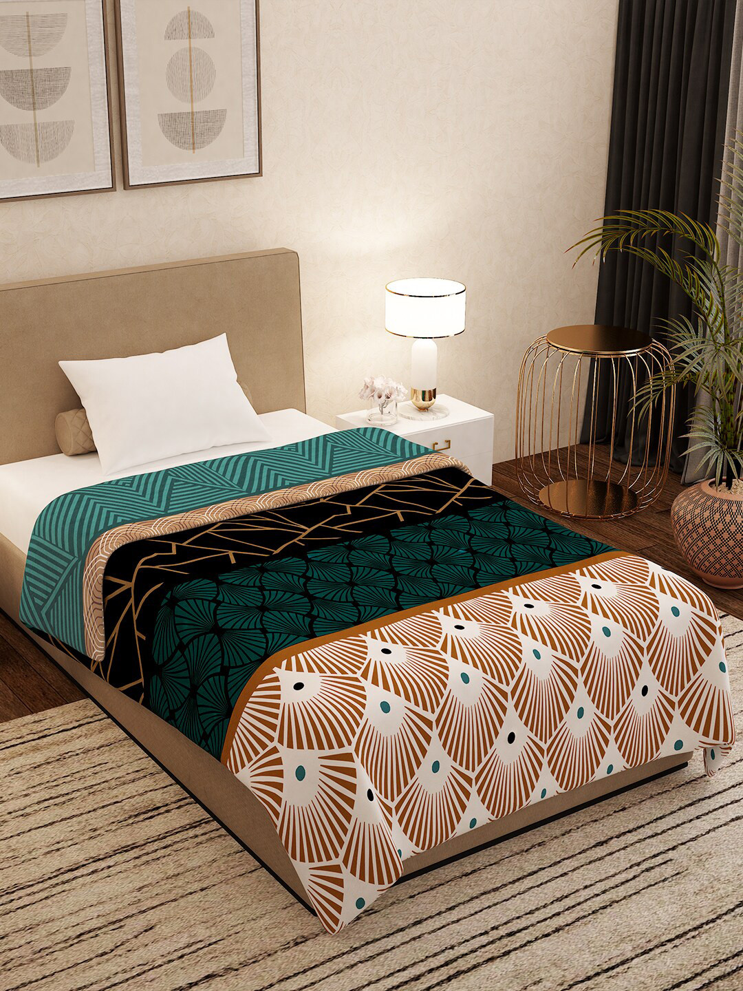 Story@home Teal & Black Geometric AC Room 300 GSM Single Bed Blanket
