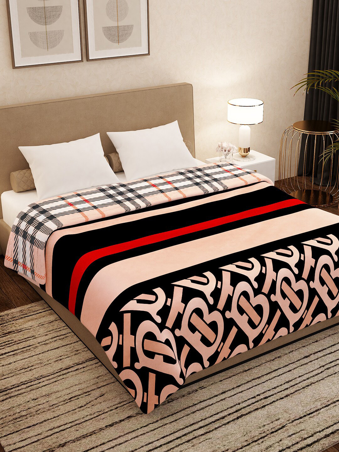 Story@home Beige & Black Geometric AC Room 300 GSM Double Bed Blanket