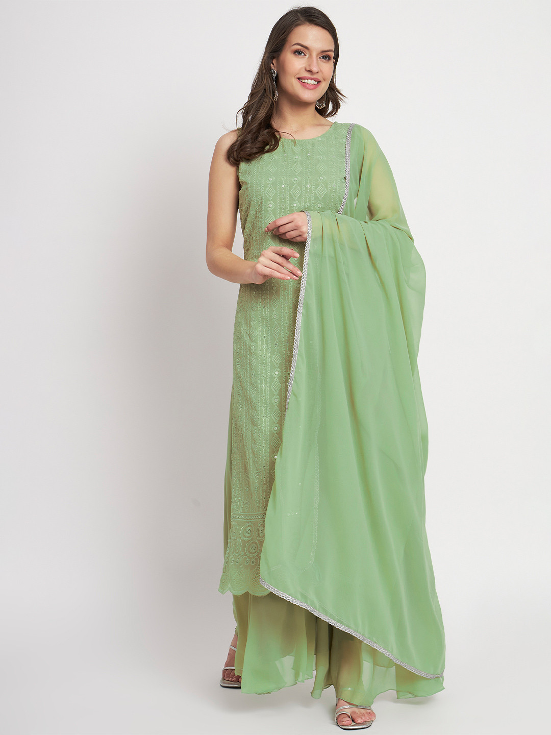 Shopping Queen Ethnic Motifs Embroidered Mirror Work Kurta With Palazzos & Dupatta