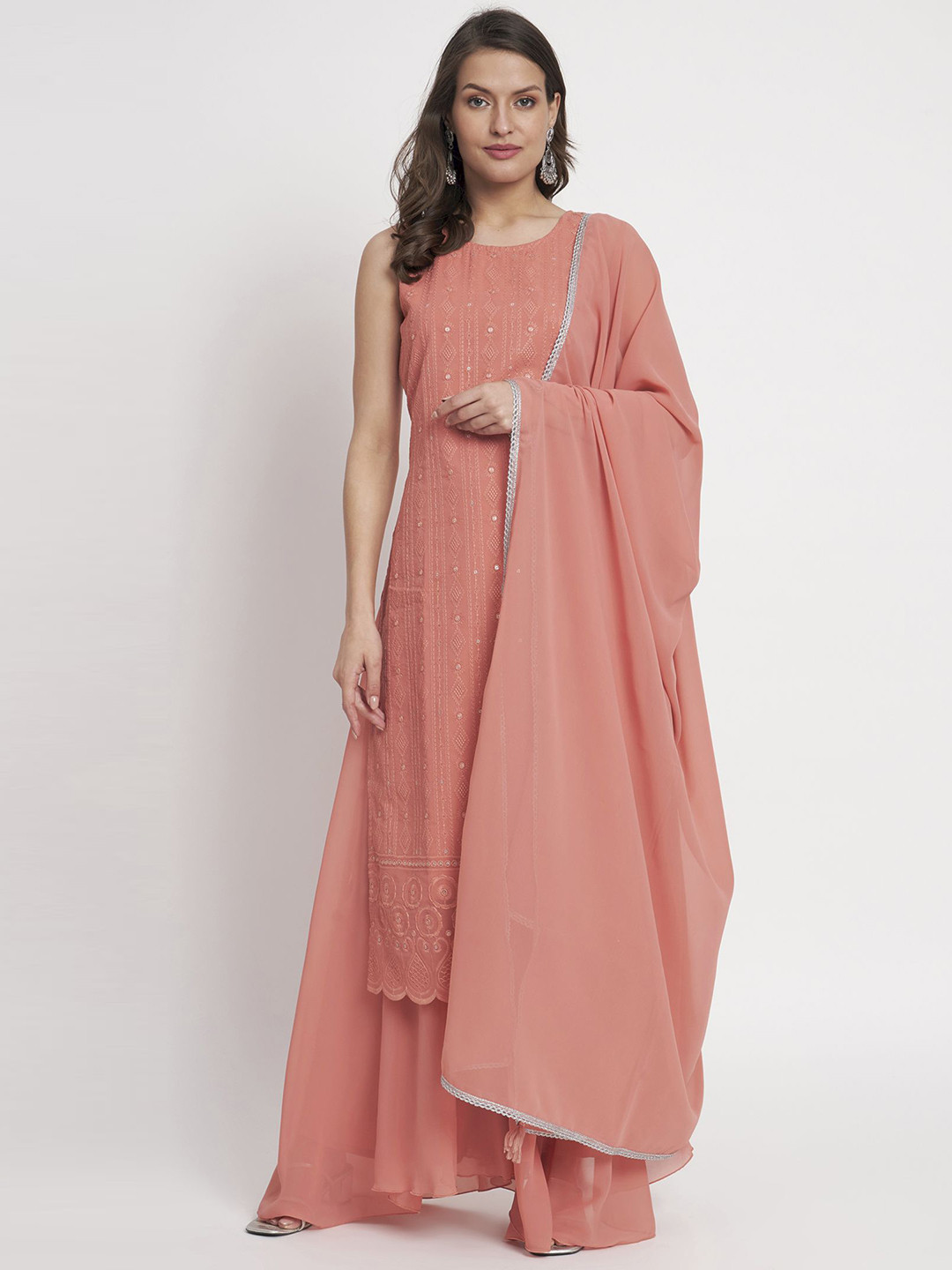 Shopping Queen Ethnic Motifs Embroidered Mirror Work Kurta With Palazzos & Dupatta