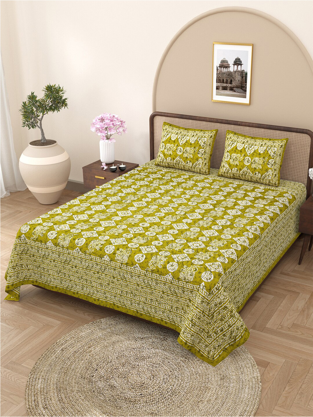 Varde Authentic Jaipuri Green Ethnic Motifs Cotton 210 TC King Fine Bedsheet with 2 Pillow Covers-89 x 98 inches