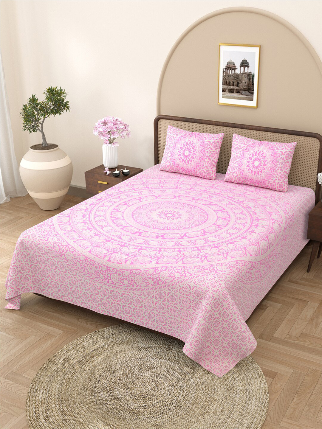 Varde Jaipuri Pink Ethnic Motifs Cotton 210 TC Double Fine Bedsheet with 2 Pillow Covers-98 x 89 inches