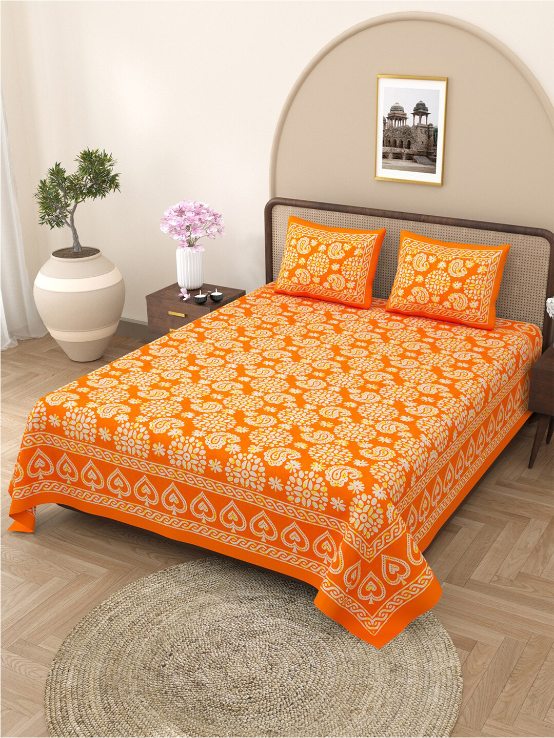 Varde Authentic Jaipuri Orange Ethnic Motifs Cotton 210 TC King Fine Bedsheet with 2 Pillow Covers-89 x 98 inches