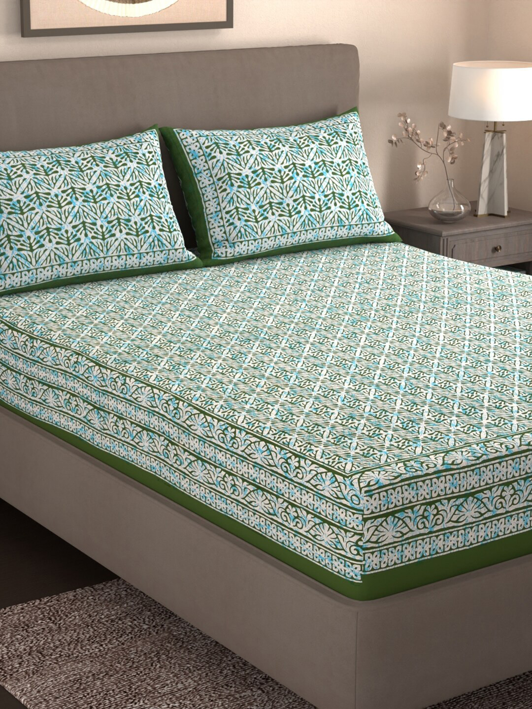 Varde Authentic Jaipuri Prints Green Ethnic Motifs Cotton 210 TC King Fine Bedsheet with 2 Pillow Covers-89 x 98 inches