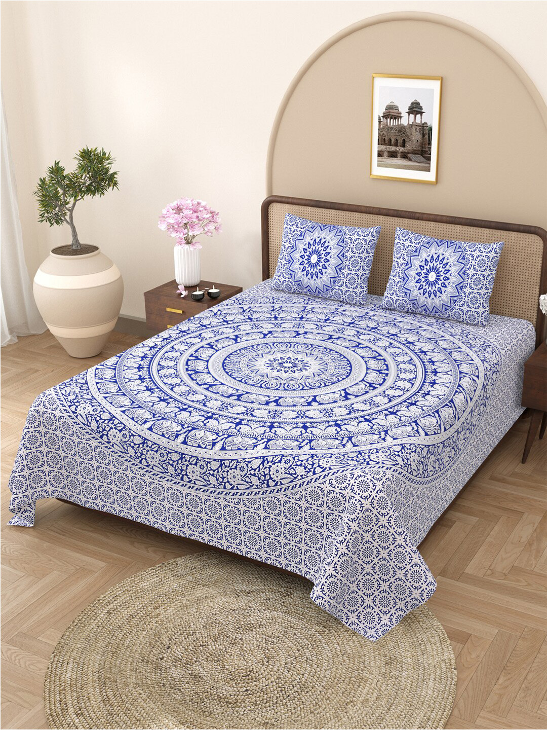 Varde Authentic Jaipuri Blue Ethnic Motifs Cotton 210 TC King Fine Bedsheet with 2 Pillow Covers-89 x 98 inches