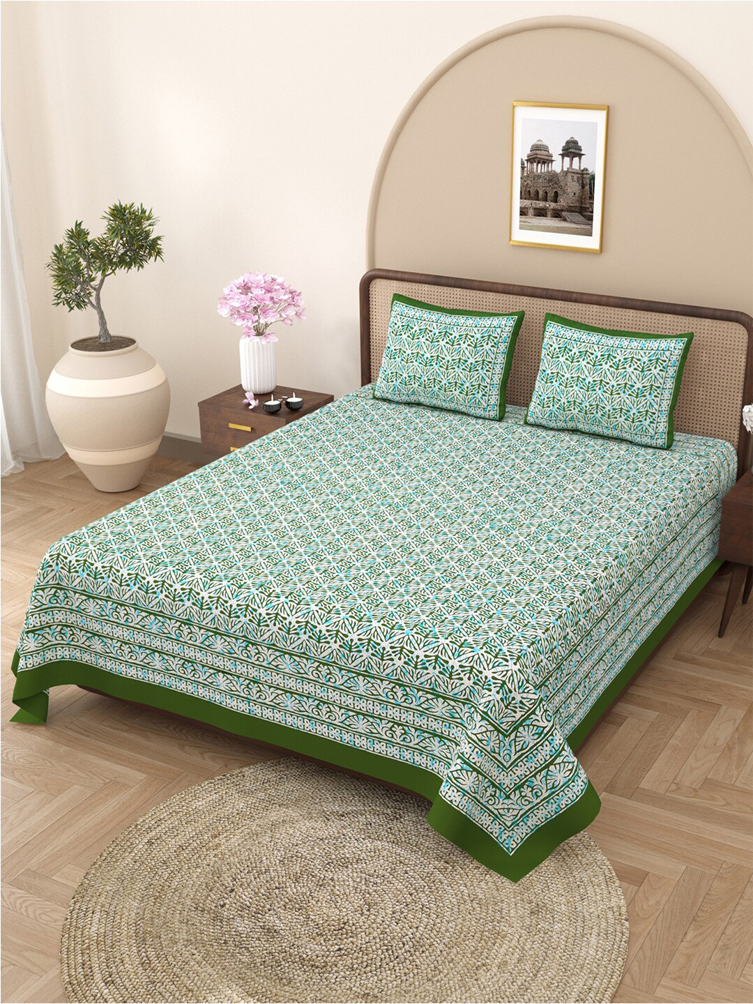Varde Authentic Jaipuri Green Ethnic Motifs Cotton 210 TC King Fine Bedsheet with 2 Pillow Covers-89 x 98 inches