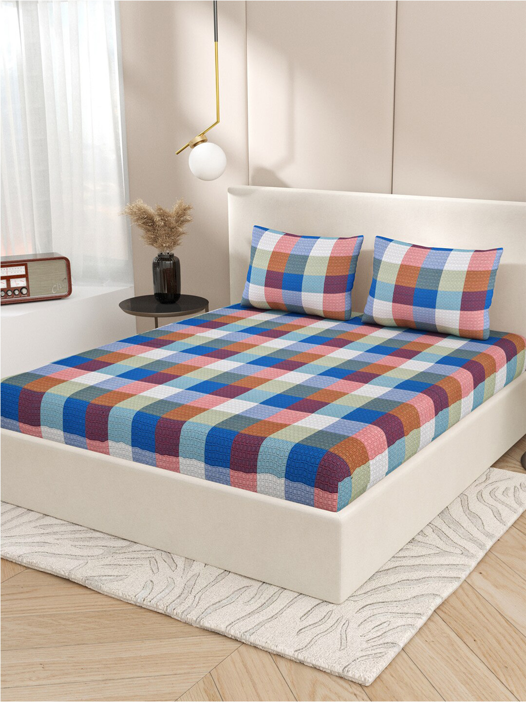 Varde Premium Dobby Weave Mauve Checked Cotton 210 TC King Fine Bedsheet with 2 Pillow Covers-98 x 89 inches