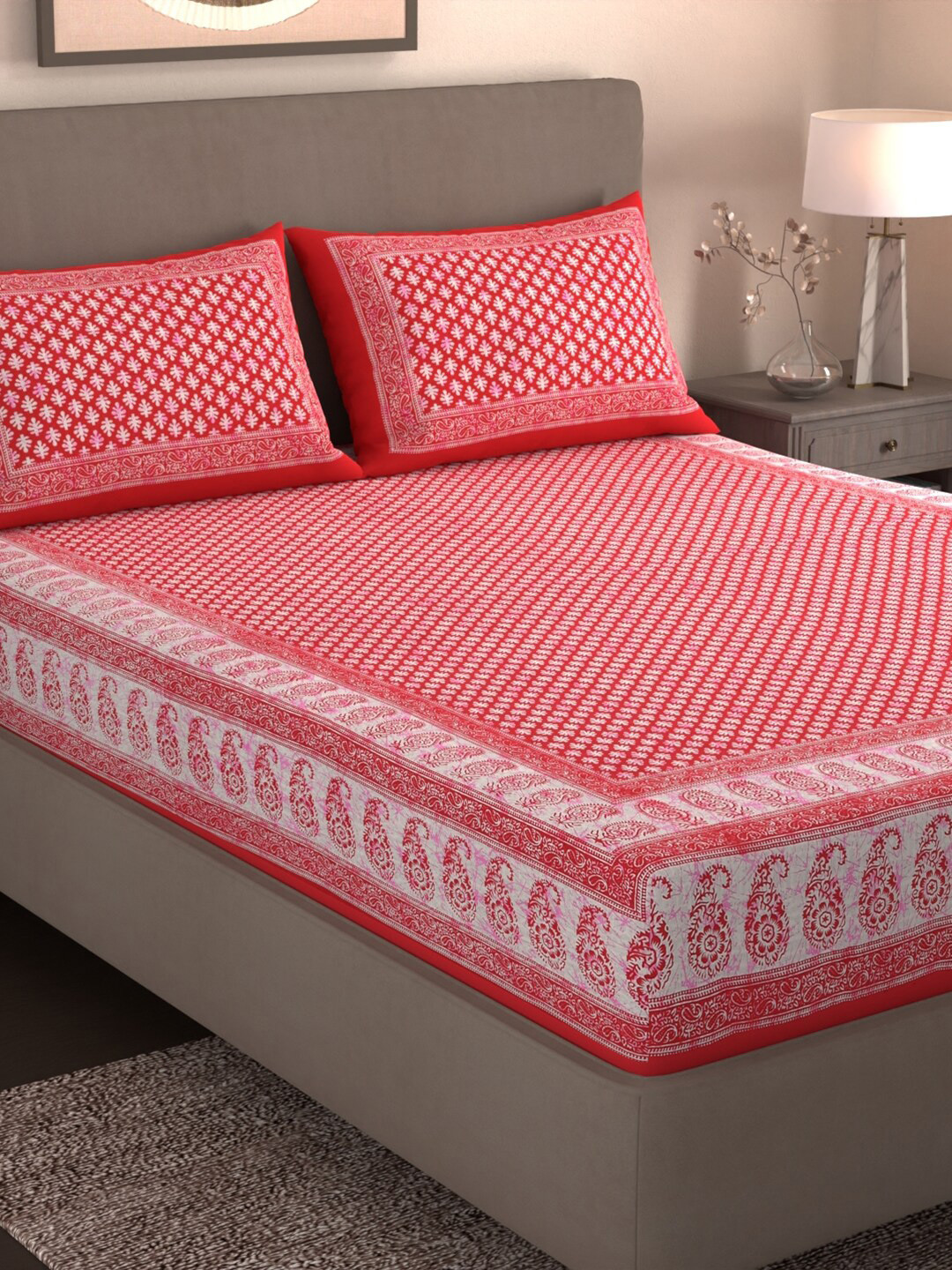 Varde Authentic Jaipuri Prints Red Ethnic Motifs Cotton 210 TC King Fine Bedsheet with 2 Pillow Covers-89 x 98 inches