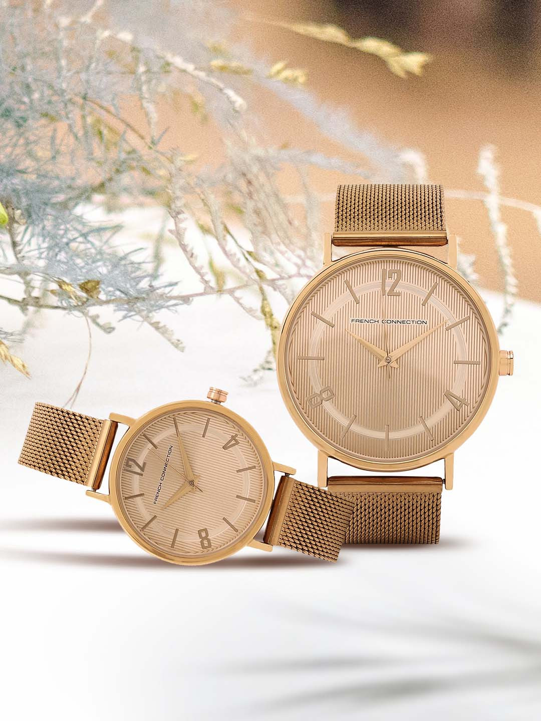 French Connection Set Of 2 Dial & Stainless Steel Straps Analogue Couple Watch FCN00039B