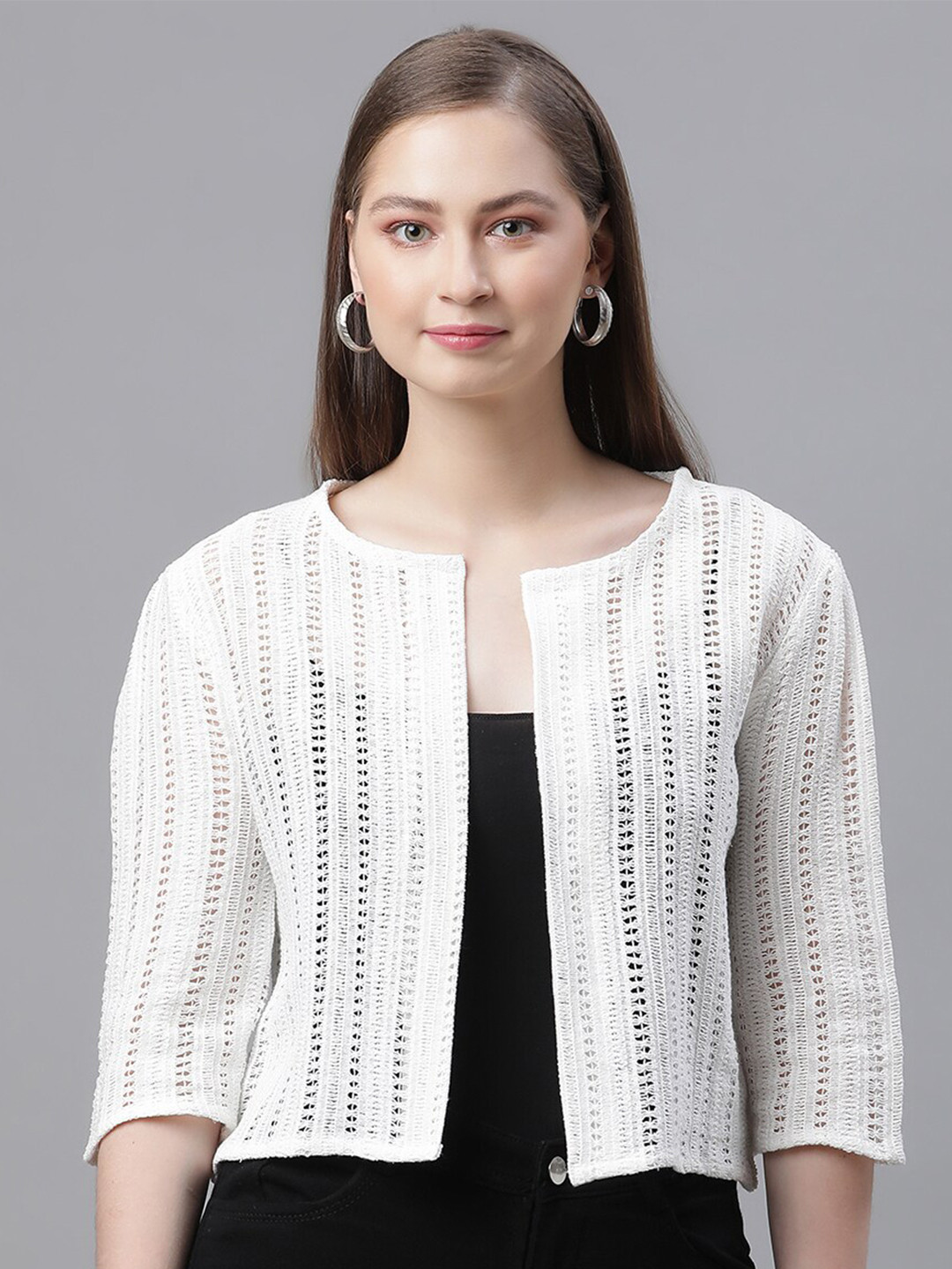 UnaOne Self Design Open Front Pure Cotton Shrug