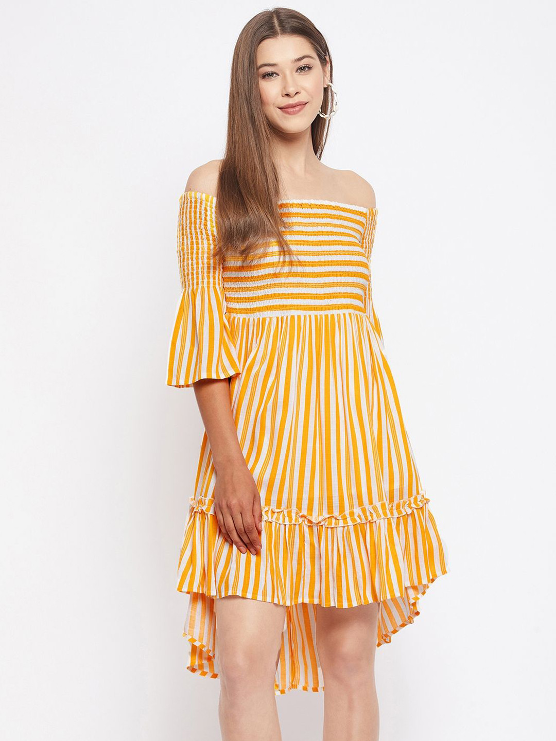 WineRed Striped Off-Shoulder Bell Sleeves Smocked Pure Cotton A-Line Dress