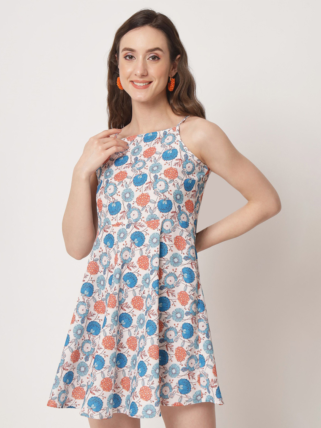 Shopping Queen Floral Printed Shoulder Strap Sleevless Fit & Flare Mini Dress