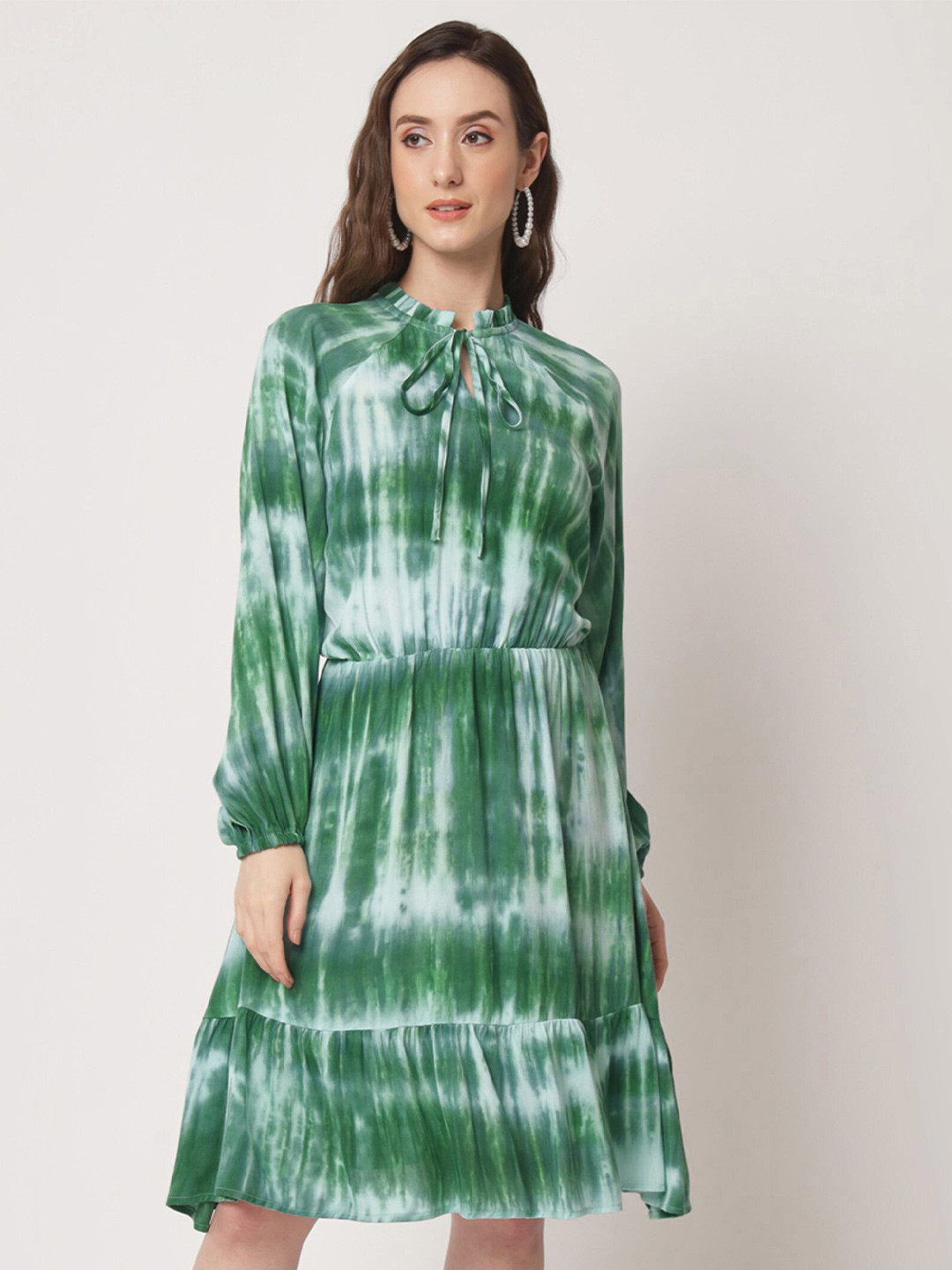 Shopping Queen Tie & Dye Tie-Up Neck Puff Sleeves Fit & Flare Dress