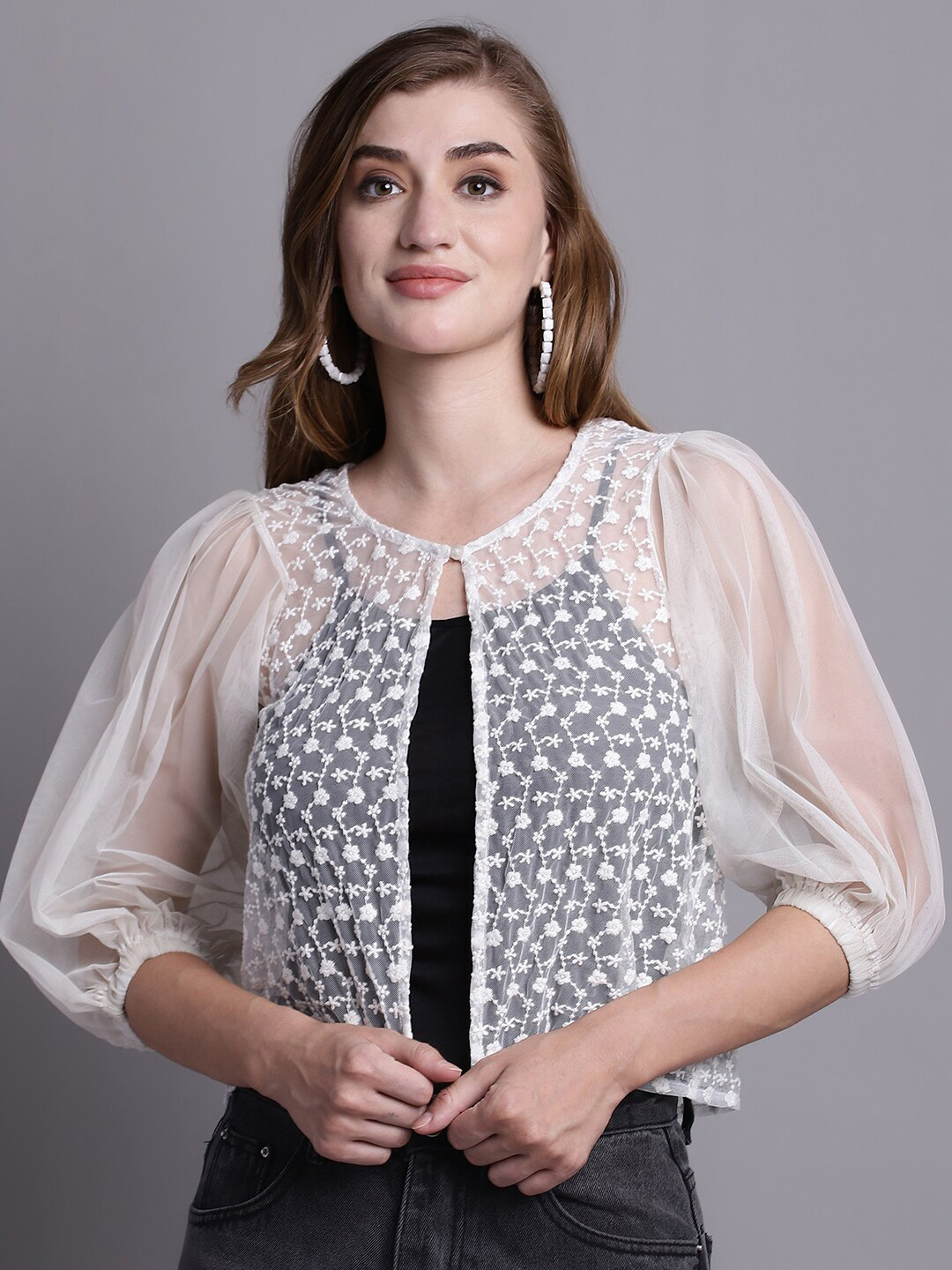 Rute Floral Embroidered Puff Sleeve Button Shrug