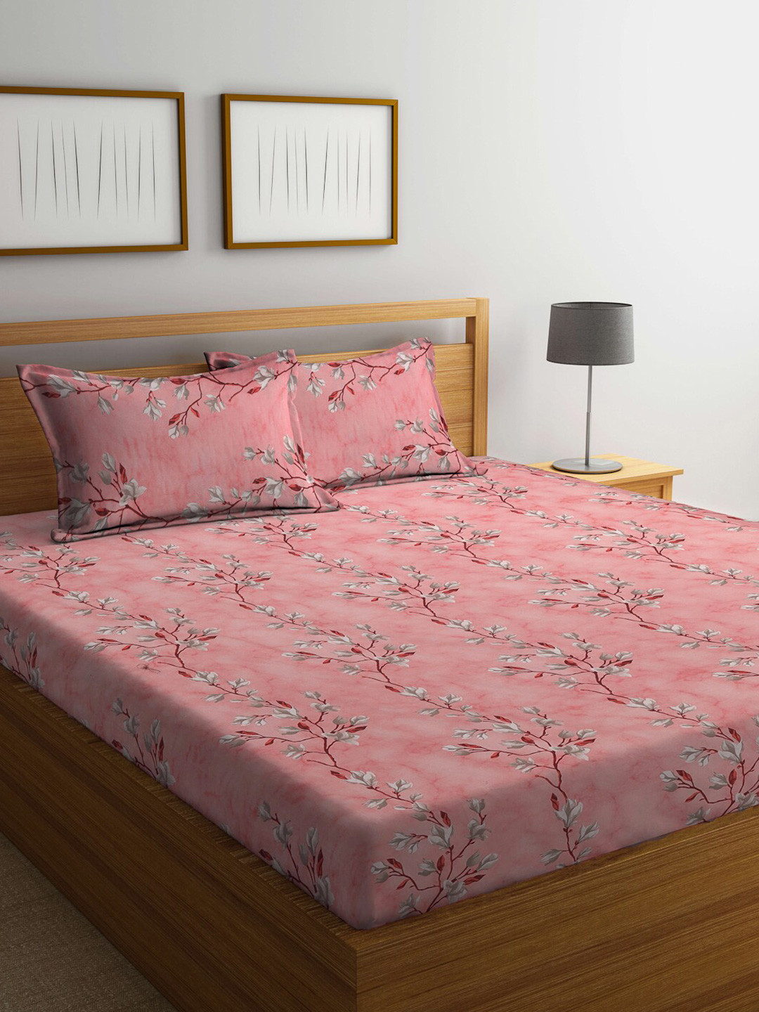 KLOTTHE Book Fold Pink Floral Pure Cotton Soft Feel 400 TC Fitted King Superfine Bedsheet with 2 Pillow Covers-98 x 89 inches