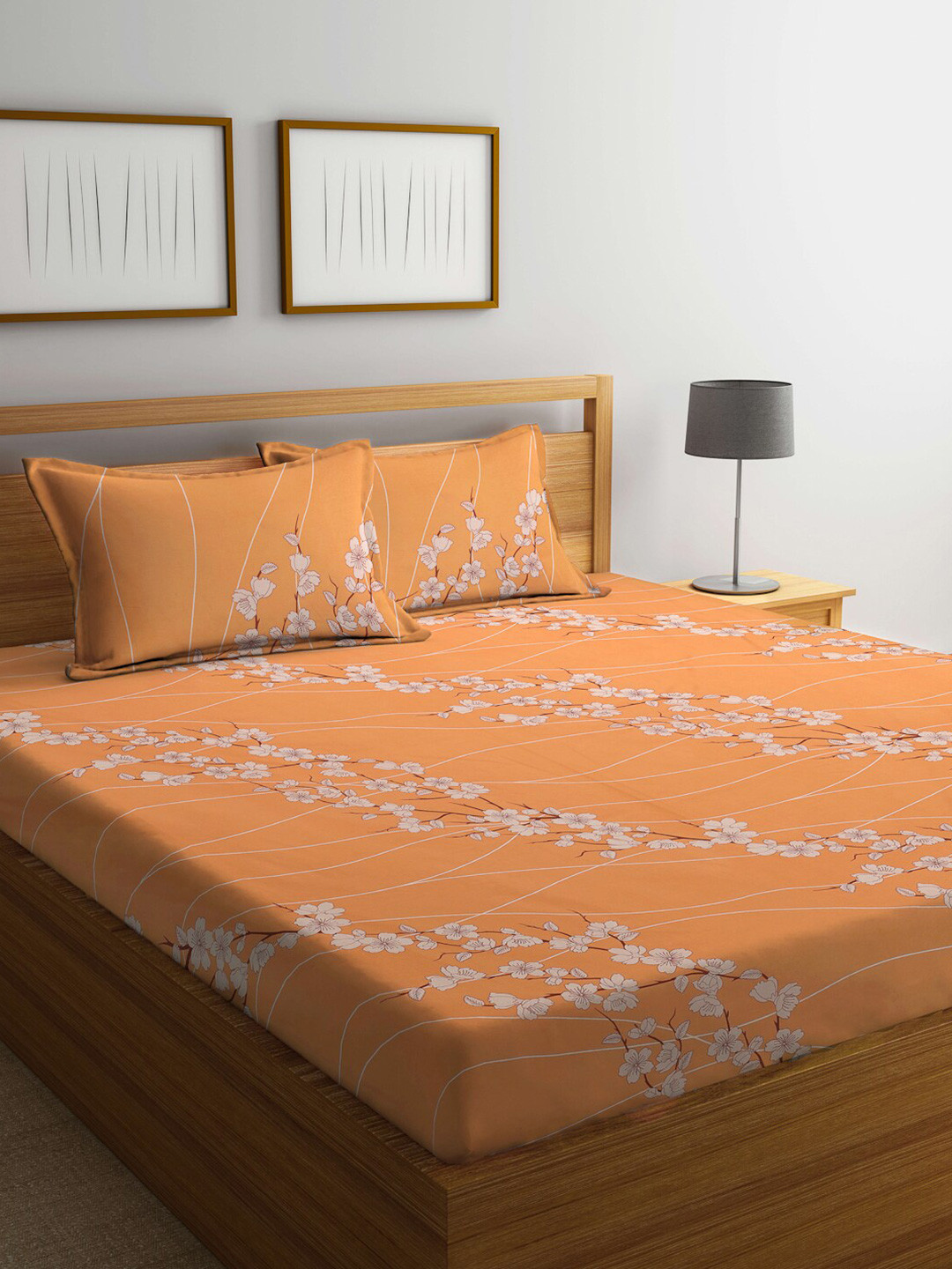 KLOTTHE Handloom Orange Floral Pure Cotton 400 TC Fitted King Superfine Bedsheet with 2 Pillow Covers-98 x 89 inches